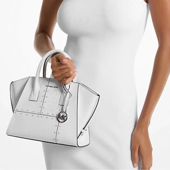 Michael Kors Avril Small Studded Patchwork and Signature Logo Satchel Crossbody - Picture 1 of 16